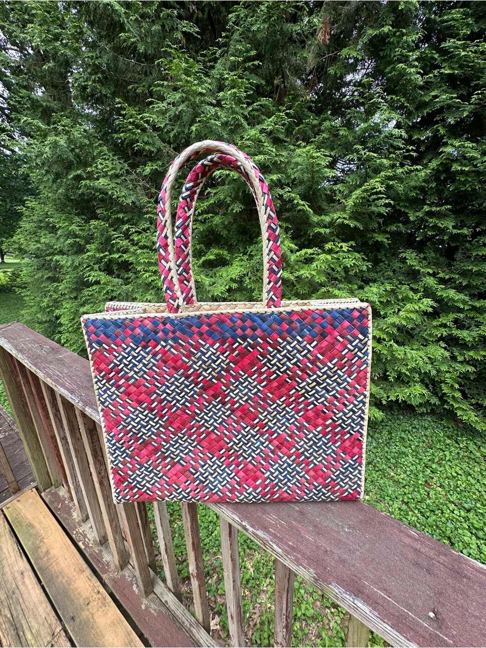 Woven Red & Blue Pandan Tote Bag - Stylish Women’s Handbag